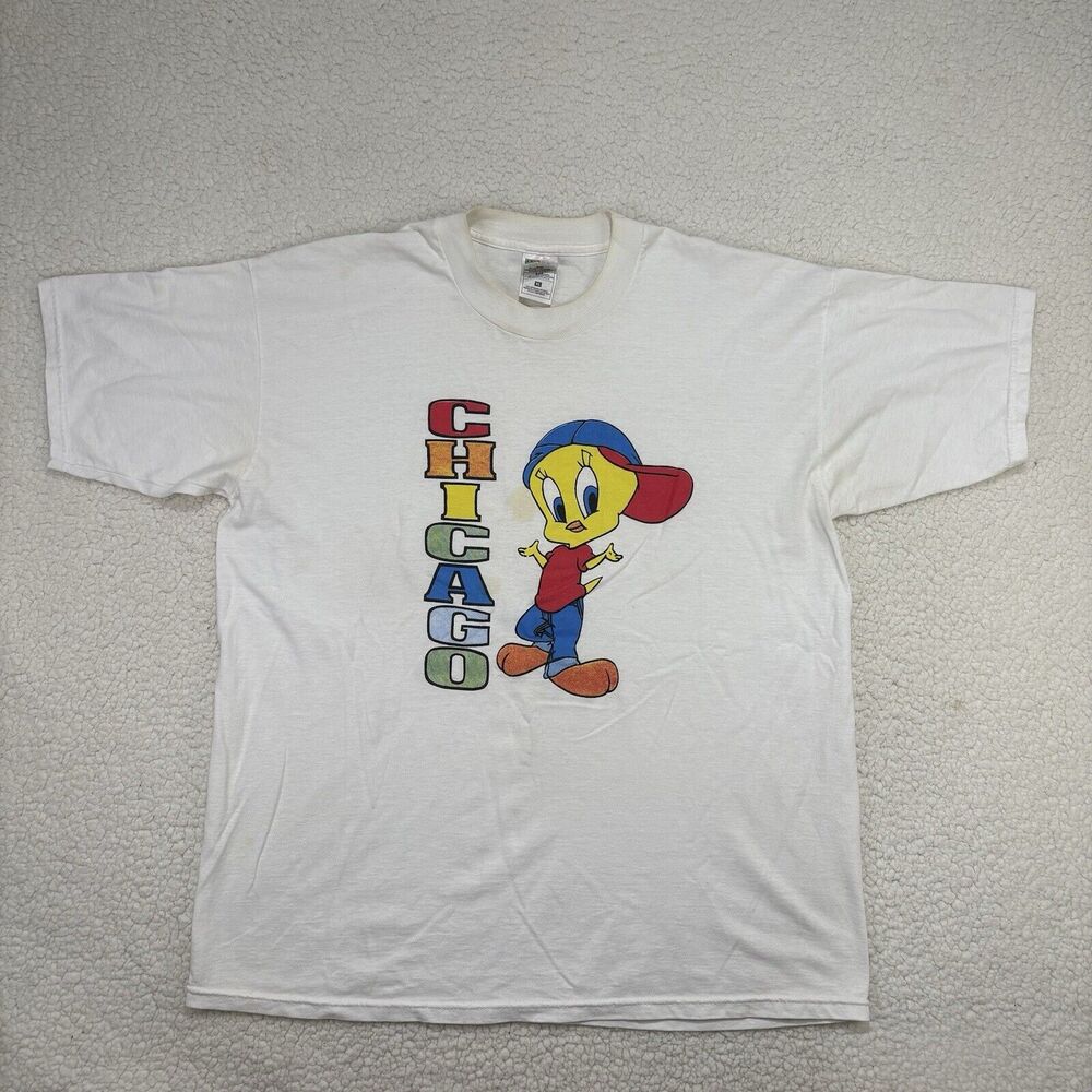 Vintage Rainbow Chicago Tweety Bird Shirt White Size XL Looney Tunes Retro Pride